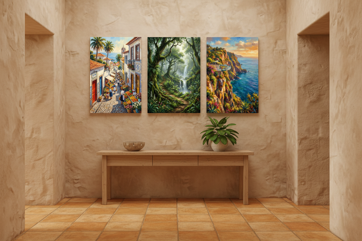 Azores Portugal coastal cliffs forest and village triptych canvas wall art set displayed in a warm rustic hallway entryway - Portugal Canvas Co