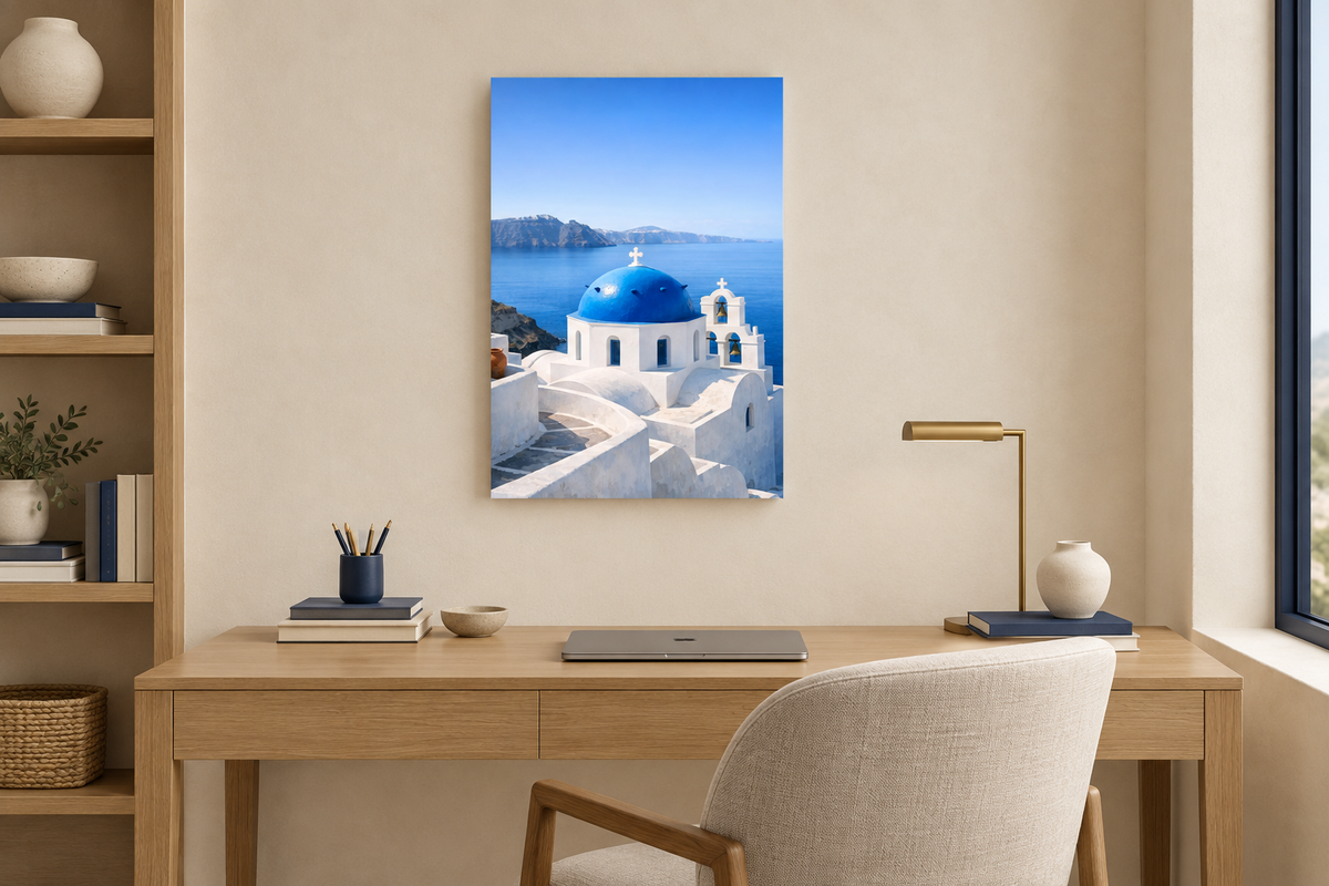 Portrait Santorini blue-dome canvas above a pale-oak desk in a cream home office - Portugal Canvas Co