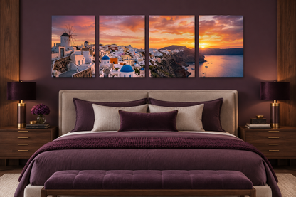 Santorini Sunset four-panel canvas above a bed in a plum and walnut luxury bedroom - Portugal Canvas Co