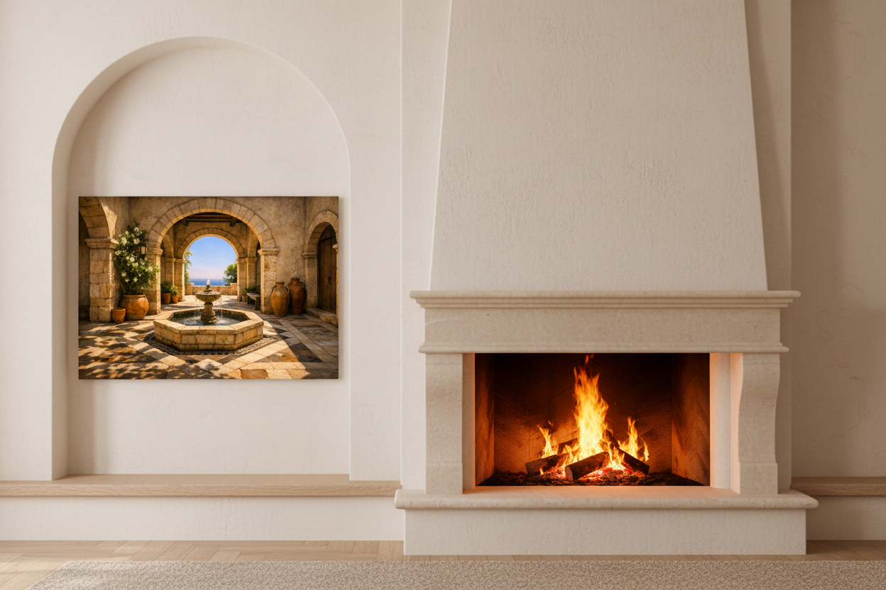 Mediterranean courtyard with stone arches and fountain canvas wall art hung in a recessed alcove beside a stone fireplace in an elegant living room - Portugal Canvas Co