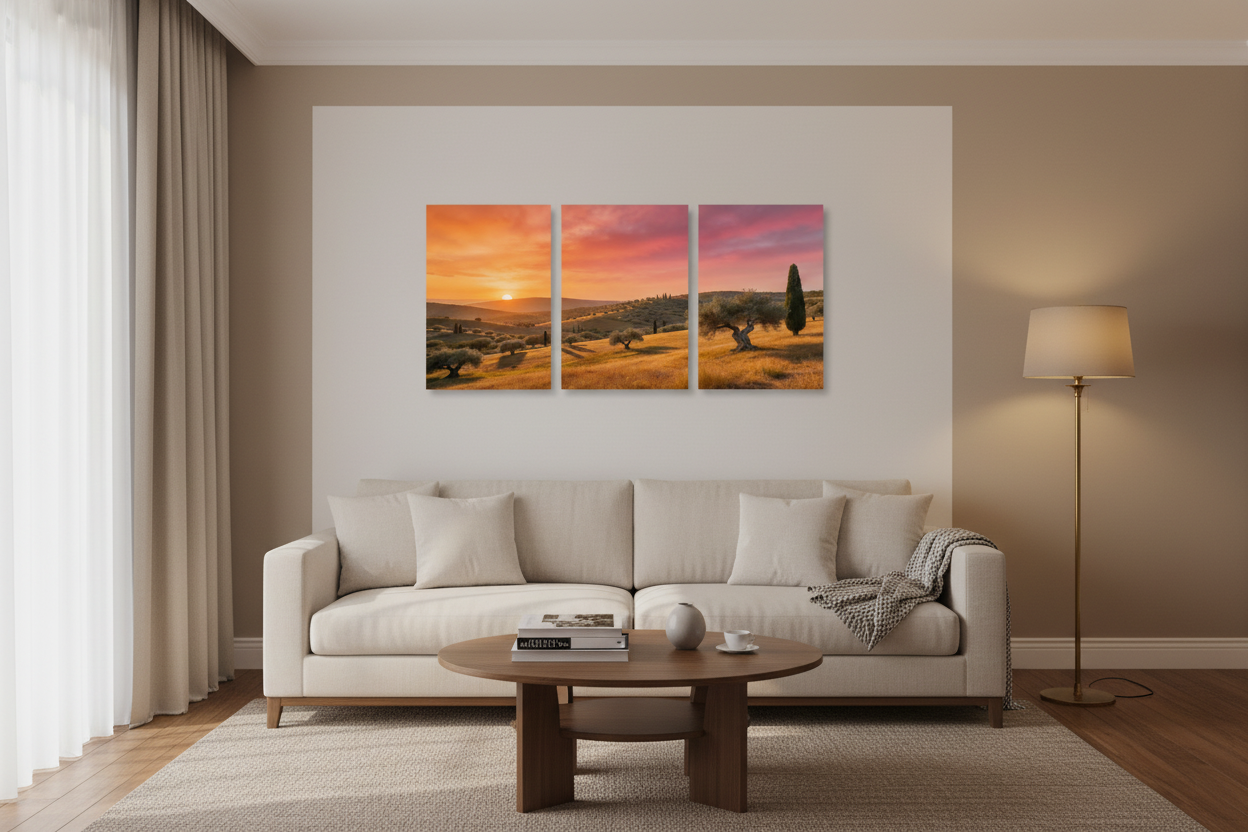 Mediterranean golden sunset olive grove triptych canvas wall art in hotel suite living area with designer sofa - Portugal Canvas Co