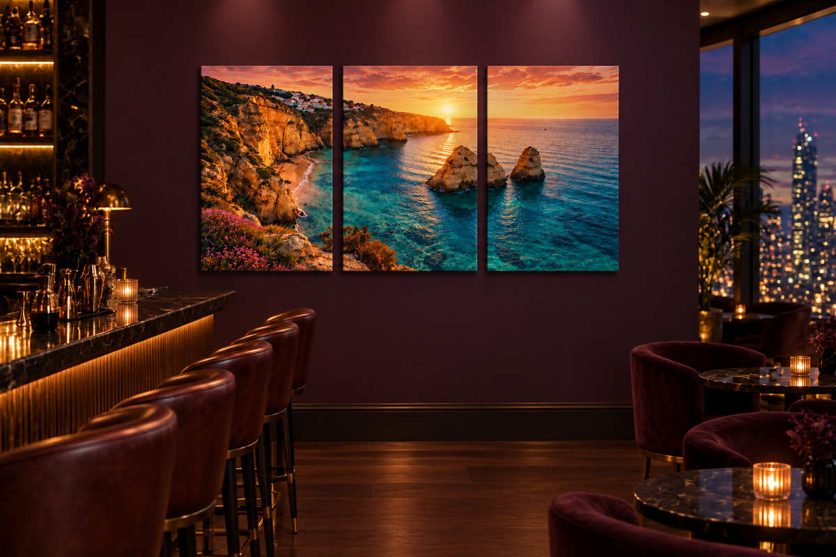Algarve golden cliffs sunset triptych canvas on a plum wall in a rooftop sky lounge bar - Portugal Canvas Co