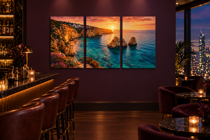Algarve golden cliffs sunset triptych canvas on a plum wall in a rooftop sky lounge bar - Portugal Canvas Co