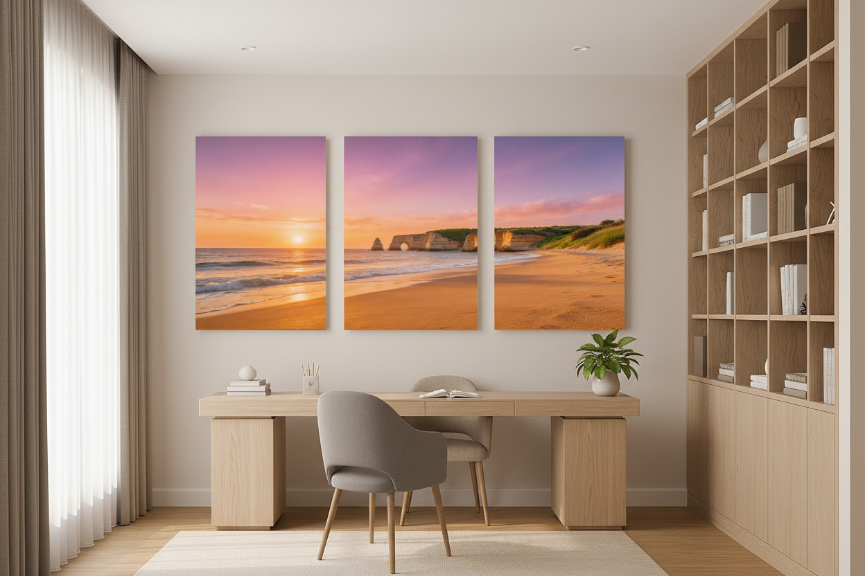 Algarve beach sunset triptych canvas wall art set of 3 portrait panels displayed in a sophisticated home study with warm natural light - Portugal Canvas Co