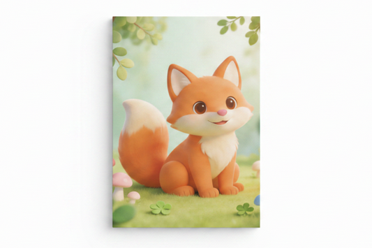 Cute fox canvas print flat lay on white background, top-down overhead view, no frame - Portugal Canvas Co