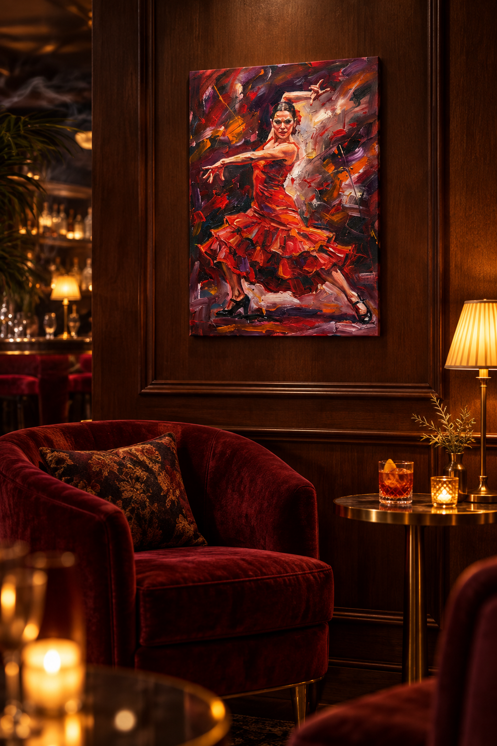 Flamenco dancer in a red ruffled dress canvas wall art on a dark walnut panelled wall behind a velvet armchair in an amber lit cocktail lounge - Portugal Canvas Co