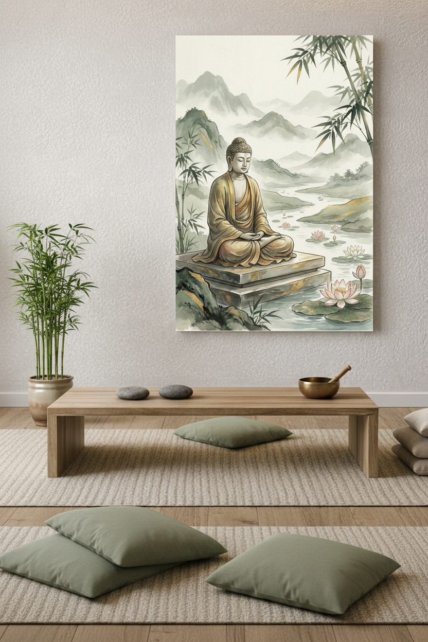 Meditating Buddha bamboo misty mountains watercolor canvas wall art in a minimalist meditation room with floor cushions and singing bowl - Portugal Canvas Co