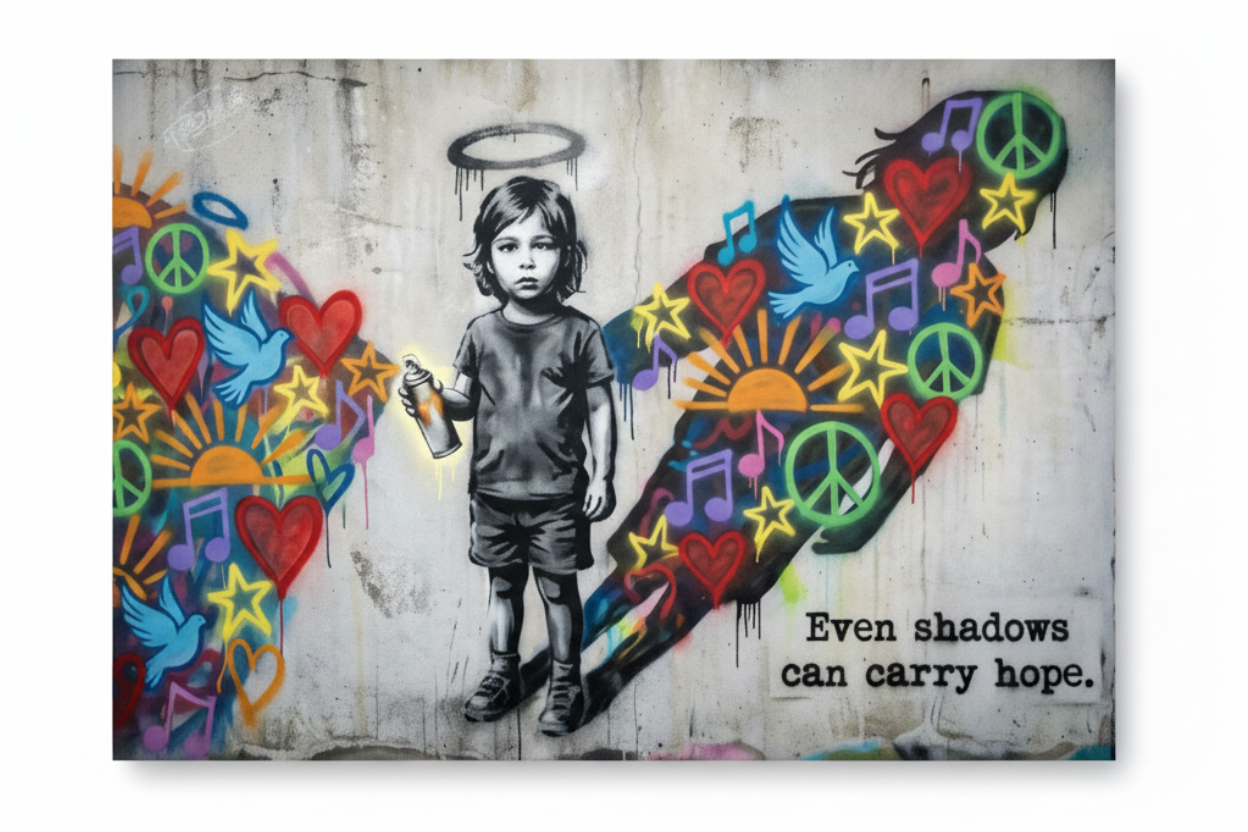 Even Shadows Can Carry Hope graffiti street art canvas print with child angel and colourful shadow, flat lay on white background - Portugal Canvas Co