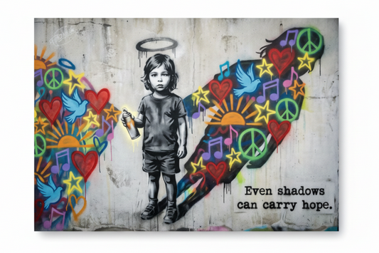 Even Shadows Can Carry Hope graffiti street art canvas print with child angel and colourful shadow, flat lay on white background - Portugal Canvas Co