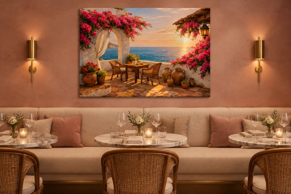 Bougainvillea seaside terrace landscape canvas in a dusty rose French Riviera restaurant with brass sconces - Portugal Canvas Co