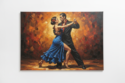 Blue dress tango couples dance canvas wall art flat lay on white background top-down view - Portugal Canvas Co