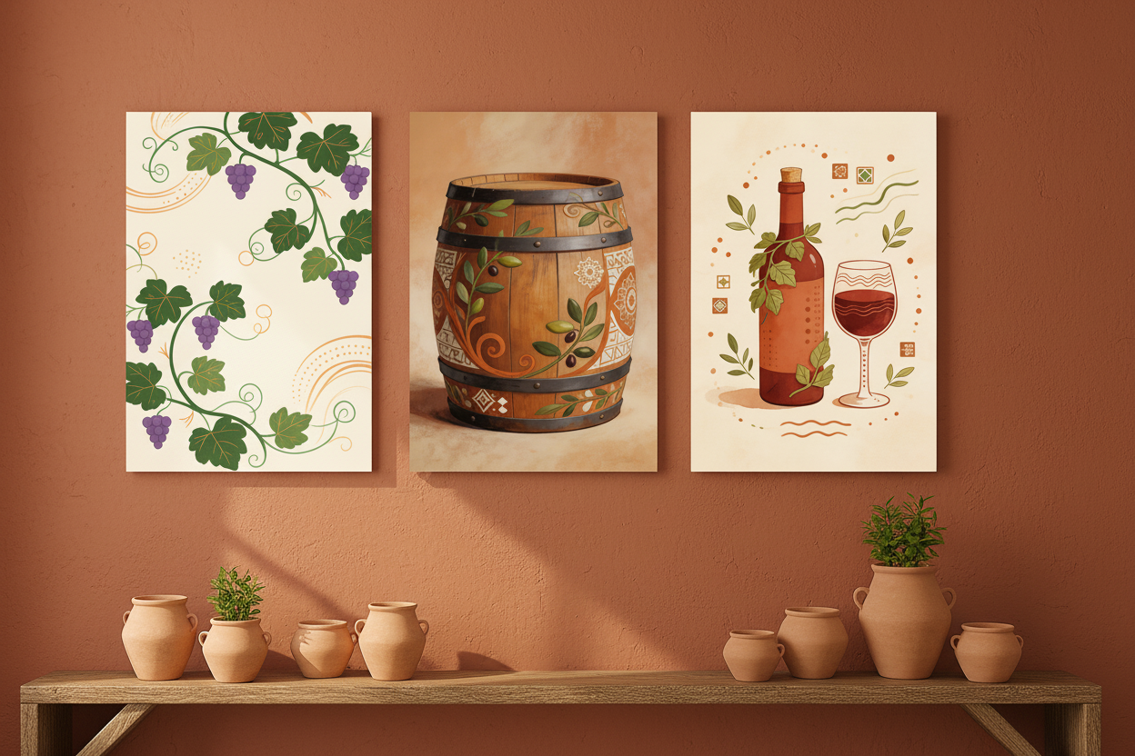 Douro Valley Vineyard Canvas Set triptych on terracotta wall in a rustic Mediterranean kitchen – Portugal Canvas Co