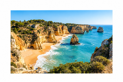 Algarve golden cliffs, sandy coves and turquoise sea canvas print flat lay on pure white background - Portugal Canvas Co