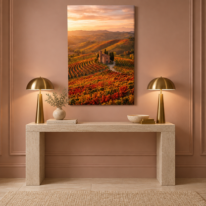 Portrait vineyard sunset canvas above a stone console in a dusty rose entryway - Portugal Canvas Co