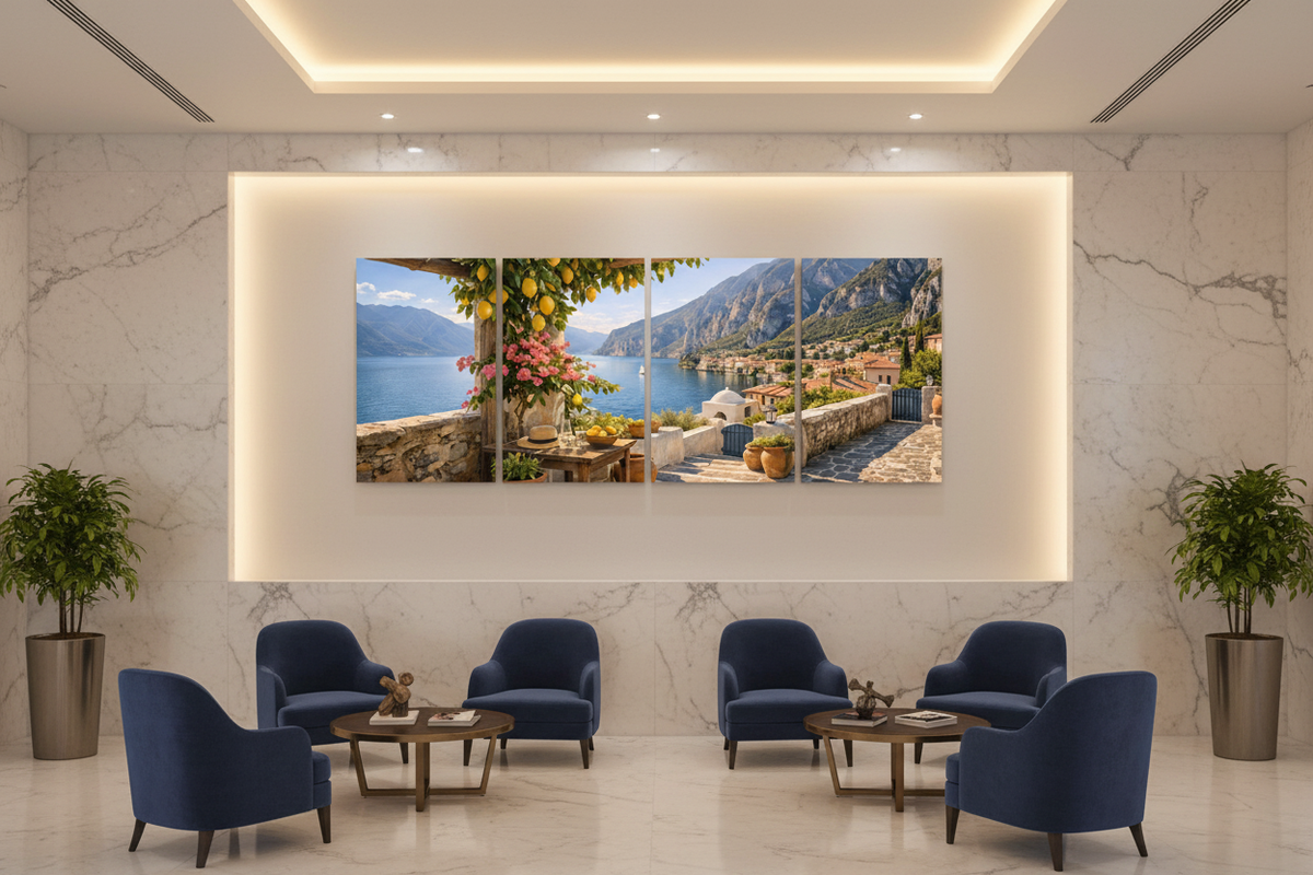 Hidden Mediterranean cove four-panel canvas wall art displayed in a luxury hotel lobby lounge with plush armchairs and marble flooring - Portugal Canvas Co