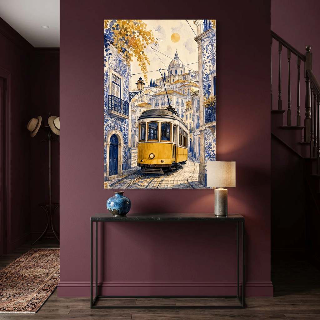 Yellow Lisbon tram canvas with blue Portuguese tiled buildings in a burgundy hallway - Portugal Canvas Co