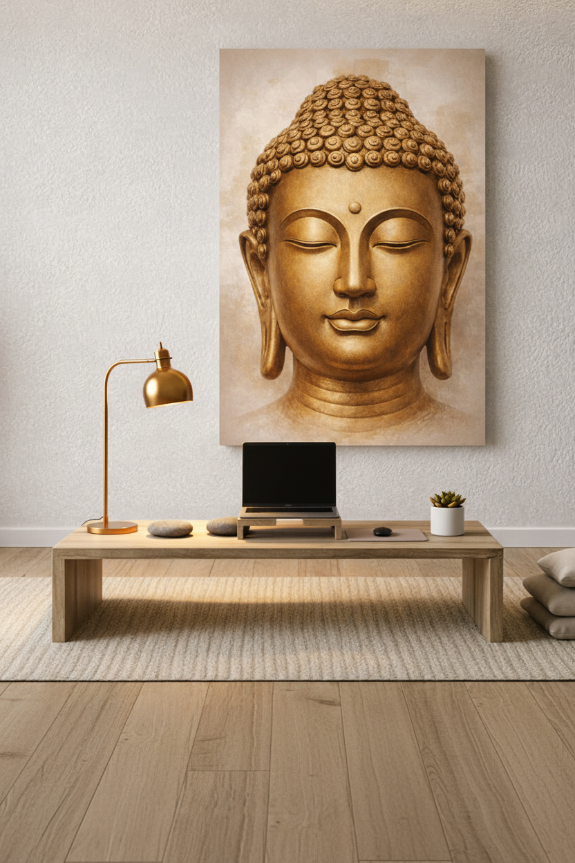 Golden Buddha face portrait canvas wall art above a minimalist home office desk with warm lamp and smooth stones - Portugal Canvas Co