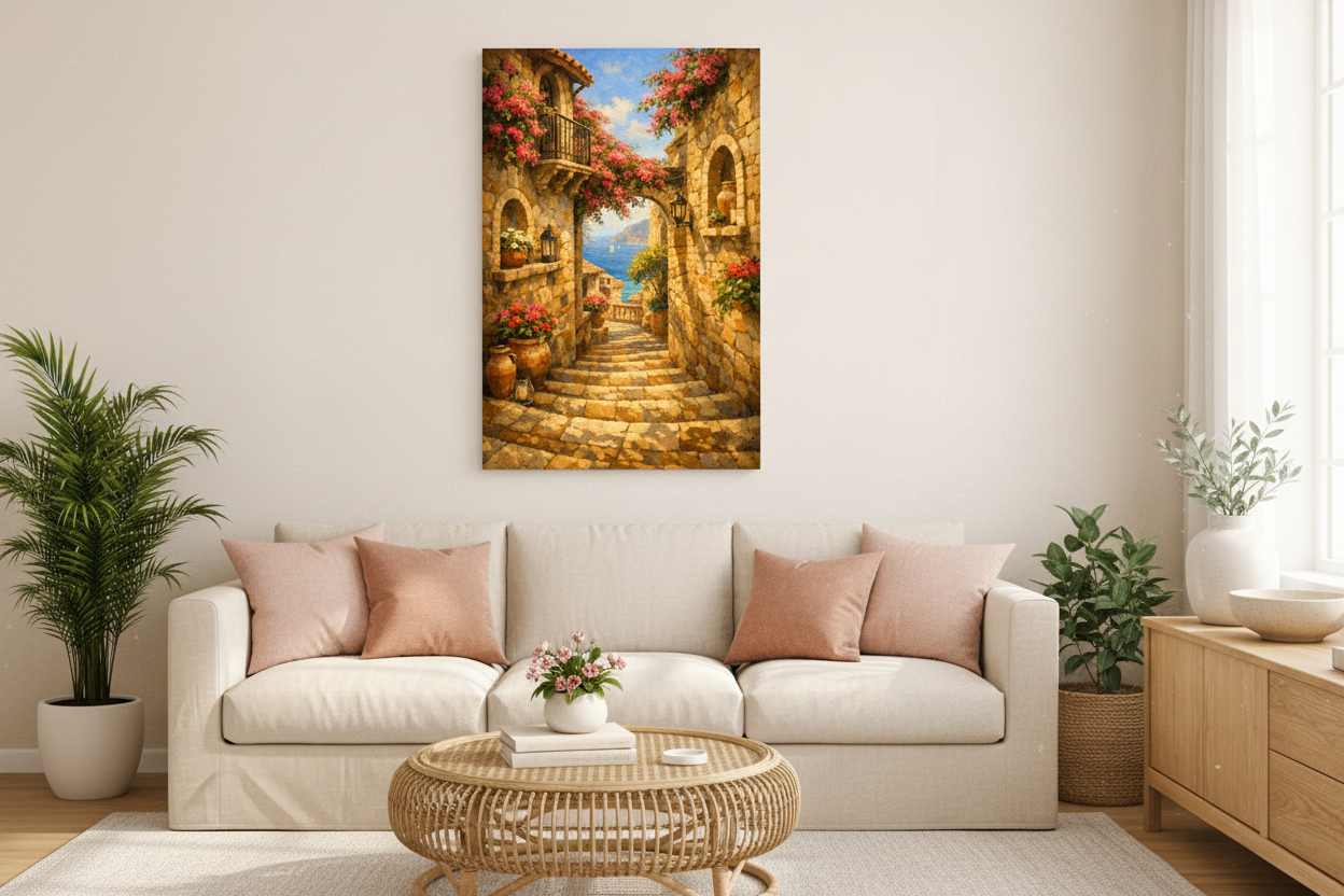 Mediterranean stone alleyway with pink bougainvillea canvas wall art in warm living room with cream linen sofa and blush terracotta cushions - Portugal Canvas Co