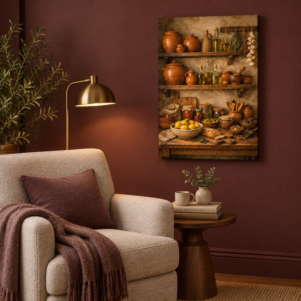 Rustic shelves with lemons, olive oil and terracotta jars canvas wall art in a burgundy reading nook - Portugal Canvas Co