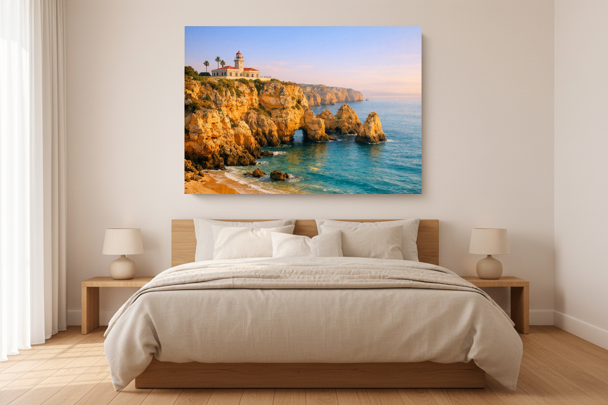 Ponta da Piedade Lagos lighthouse Algarve coastal canvas wall art displayed above a bed in a bright minimalist bedroom - Portugal Canvas Co