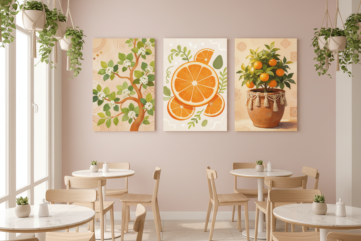 Mediterranean citrus triptych canvas wall art set displayed on the wall of a bright airy brunch café with pastel walls and marble tabletops - Portugal Canvas Co