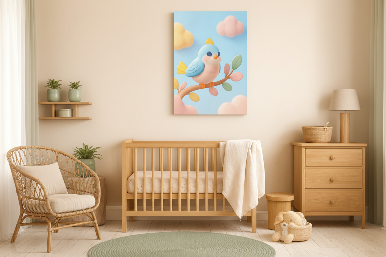 Blue bird on branch canvas wall art displayed in a sage green nursery with rattan furniture - Portugal Canvas Co
