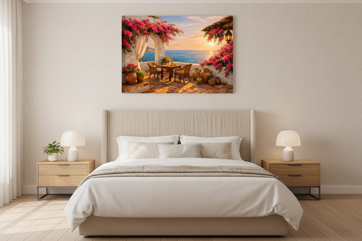 Seaside terrace with bougainvillea and ceramic jugs canvas wall art displayed above a bed in a luxurious Mediterranean style bedroom - Portugal Canvas Co