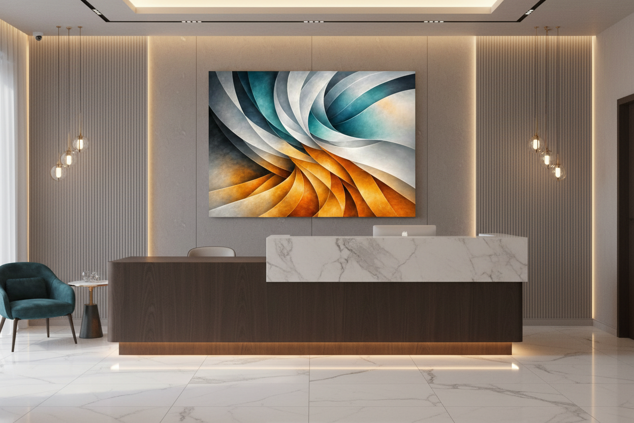 Vibrant abstract swirl canvas wall art with teal blue and golden orange forms above hotel reception desk in luxury boutique hotel lobby - Portugal Canvas Co