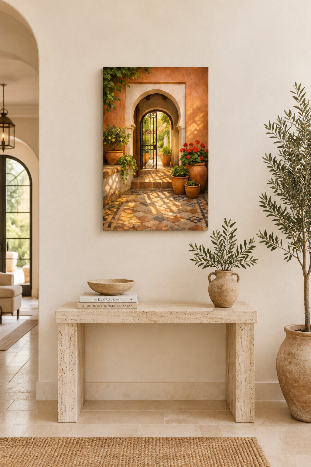 Moorish arched courtyard gate canvas print in an ivory Mediterranean hallway - Portugal Canvas Co