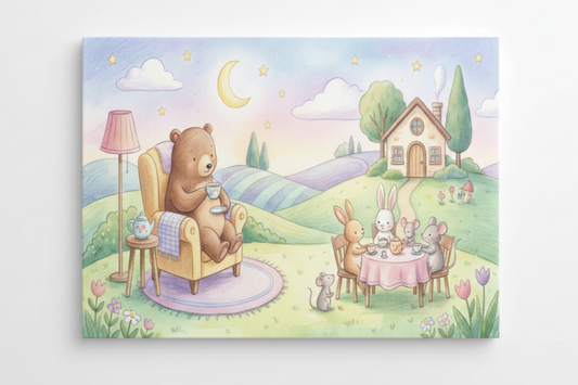 Whimsical woodland tea party nursery canvas wall art flat lay on white background, overhead view - Portugal Canvas Co