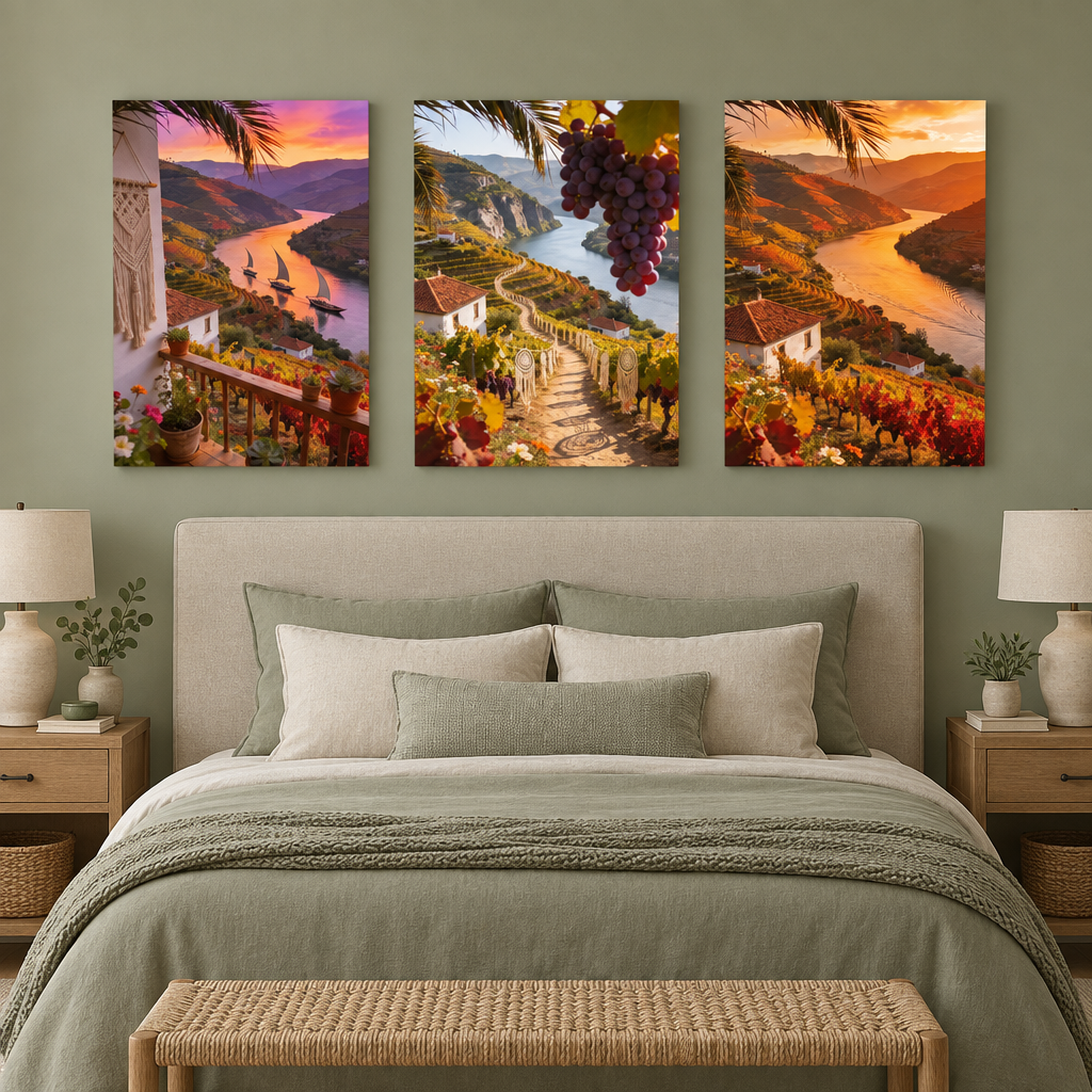 Douro Valley three-panel gallery-wrapped canvas set above a sage green bedroom bed - Portugal Canvas Co