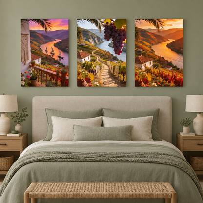 Douro Valley three-panel gallery-wrapped canvas set above a sage green bedroom bed - Portugal Canvas Co
