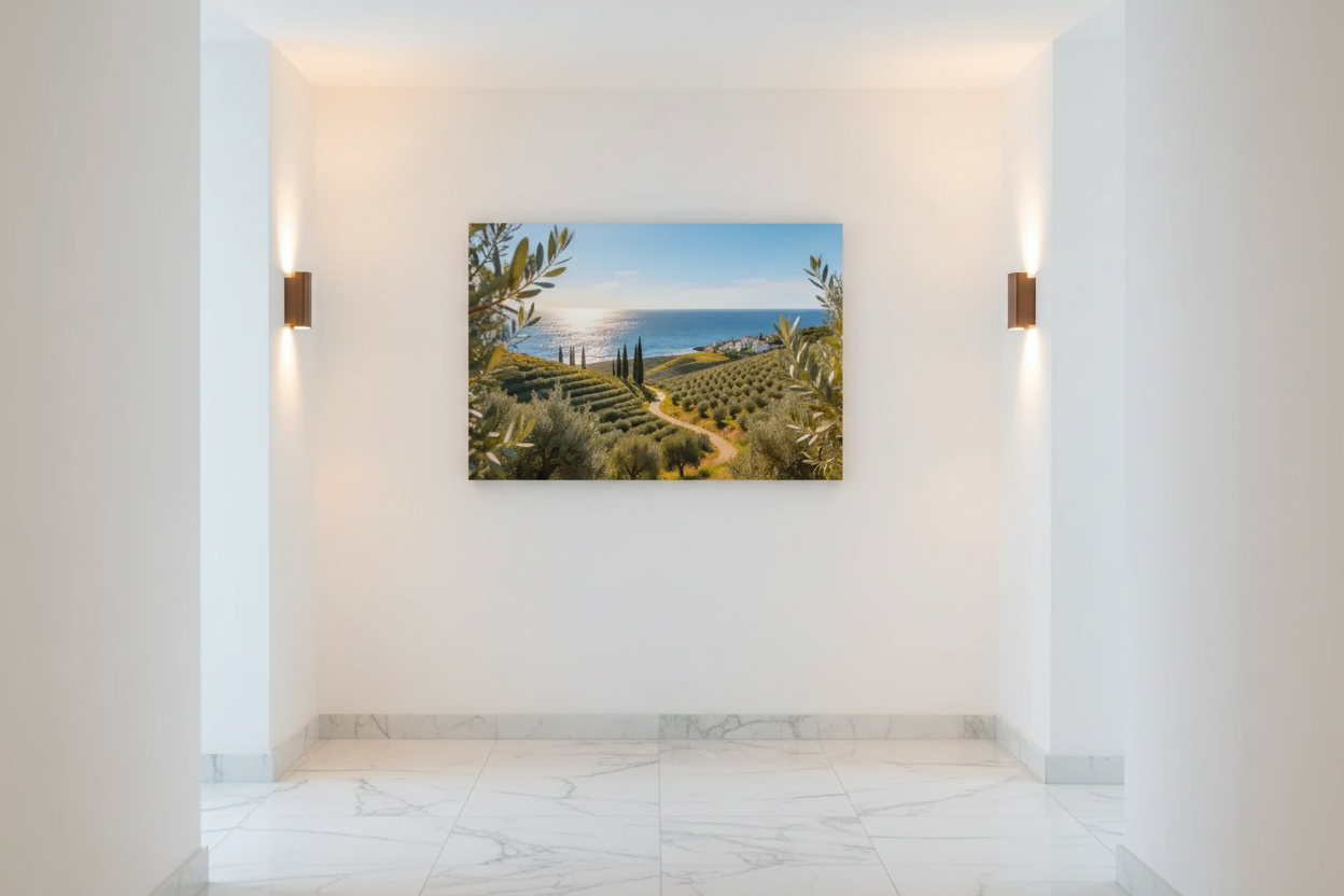 Mediterranean olive grove coastal landscape canvas wall art displayed on a white wall in a luxury hotel corridor with marble floors and warm sconce lighting - Portugal Canvas Co