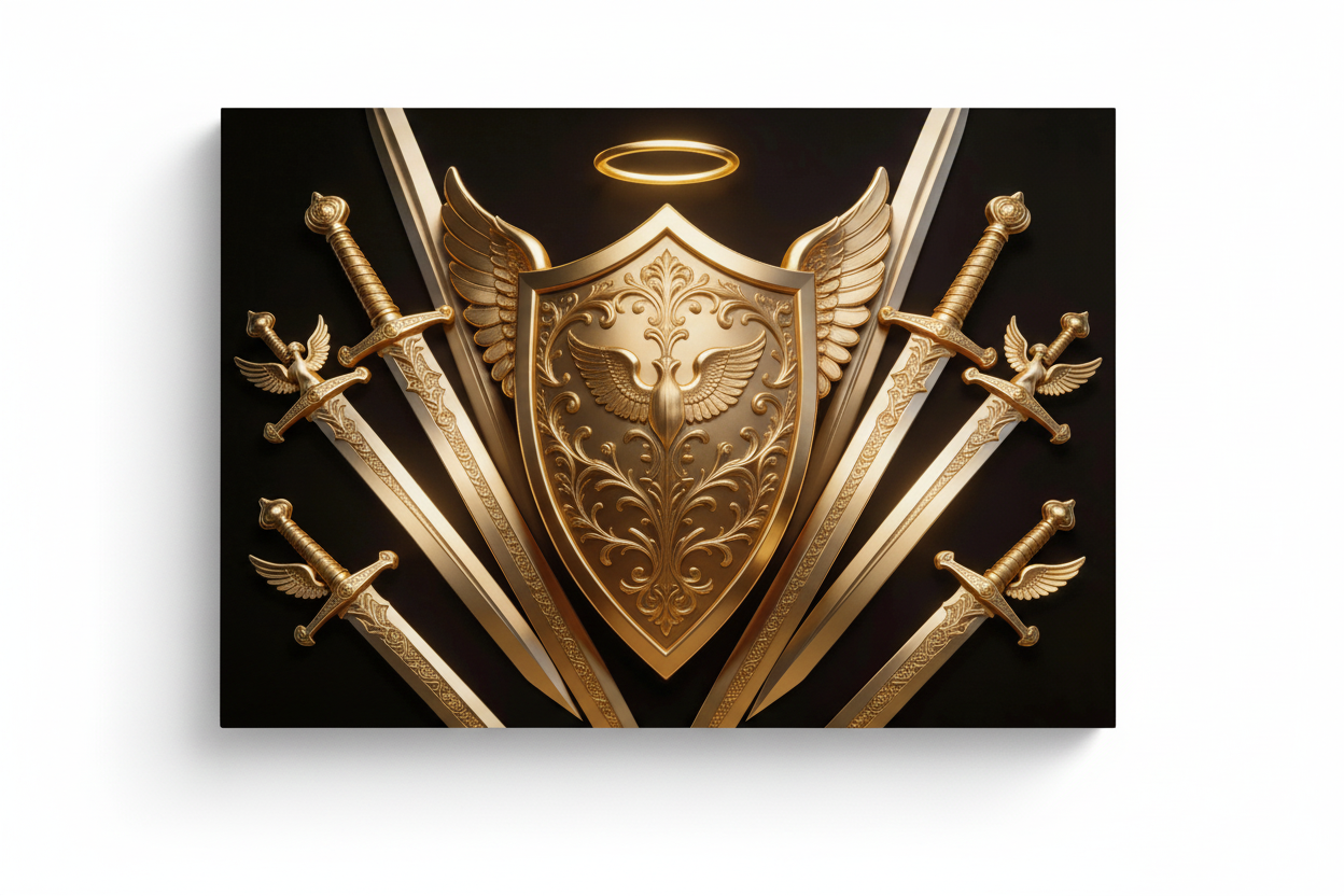 Divine Golden Shield and Angelic Swords Wall Art Print luxury black and gold canvas floating on white background - Portugal Canvas Co