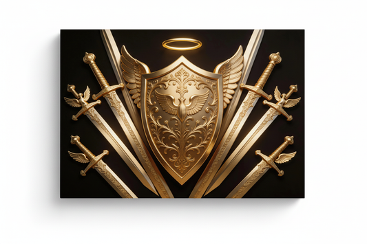 Divine Golden Shield and Angelic Swords Wall Art Print luxury black and gold canvas floating on white background - Portugal Canvas Co