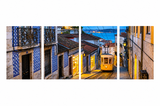 Lisbon yellow tram four-panel artwork in a pure white flat product view - Portugal Canvas Co