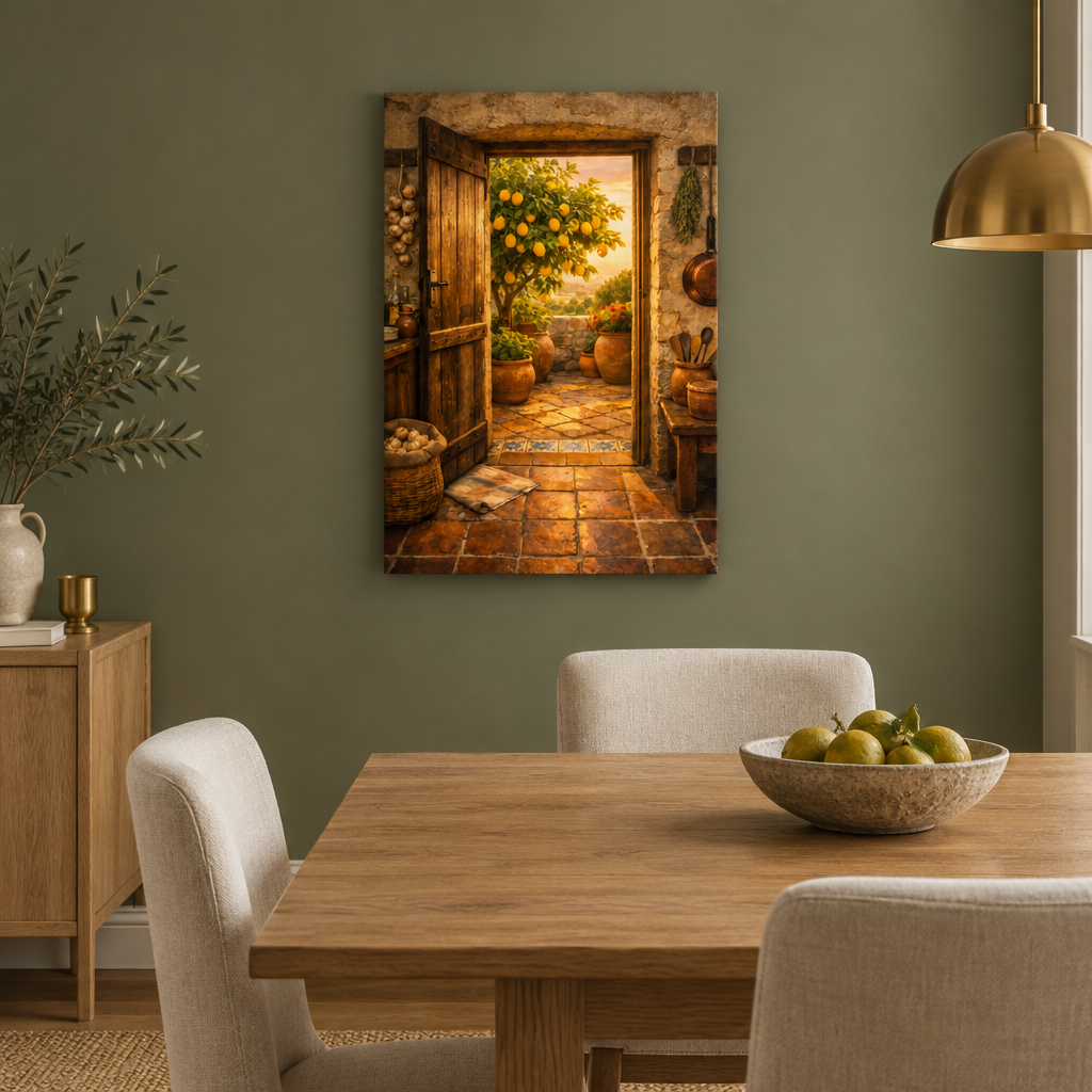 Rustic doorway and lemon tree canvas wall art in an olive green dining room - Portugal Canvas Co