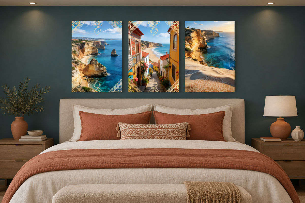 Portuguese coastal three-panel canvas artwork displayed above a bed in a teal bedroom - Portugal Canvas Co
