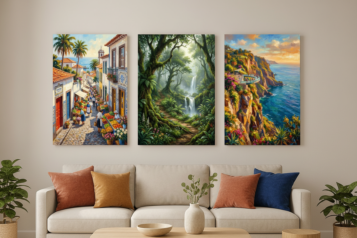 Azores Portugal coastal cliffs forest and village triptych canvas wall art set displayed as a statement gallery wall in a modern living room - Portugal Canvas Co