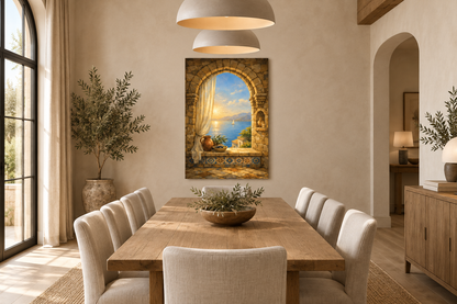 Mediterranean sunset archway canvas wall art above a wooden dining table in an elegant dining room - Portugal Canvas Co