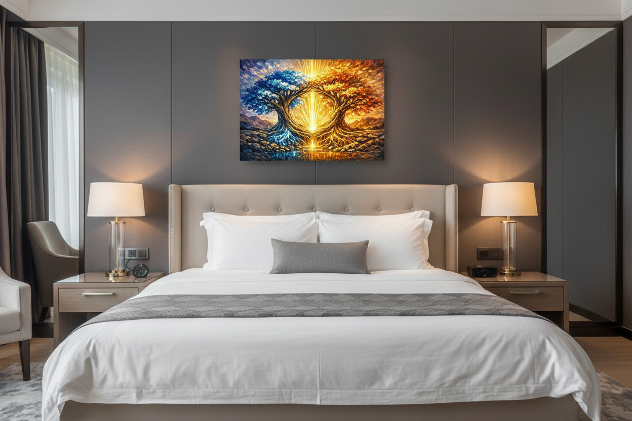 Dual tree of light abstract canvas wall art above king bed in luxury boutique hotel bedroom with charcoal feature wall and white linen bedding - Portugal Canvas Co