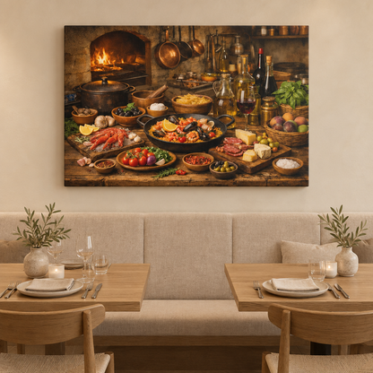 Mediterranean rustic feast canvas with paella and seafood in a neutral cream and oak restaurant dining room - Portugal Canvas Co