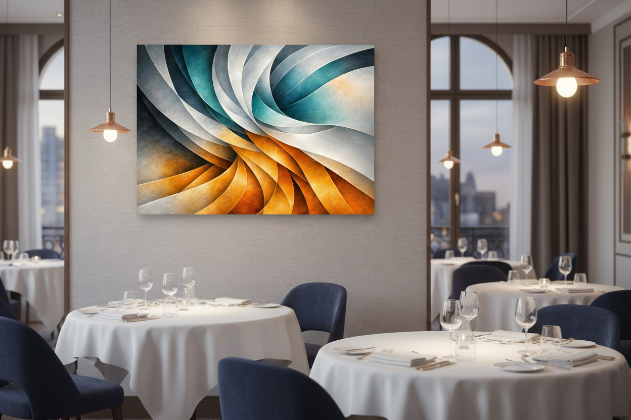 Vibrant abstract swirl canvas wall art with teal blue and golden orange forms on wall of upscale hotel restaurant with white linen tables and pendant lighting - Portugal Canvas Co