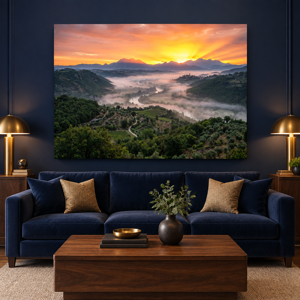 Golden valley sunrise landscape canvas above a navy sofa in a luxury lounge - Portugal Canvas Co