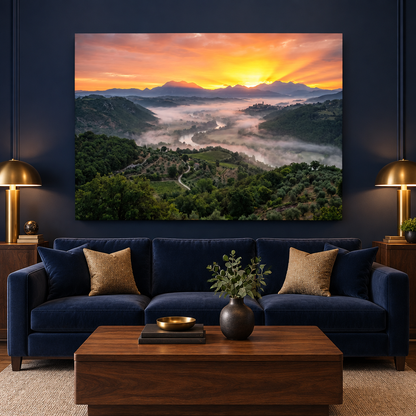 Golden valley sunrise landscape canvas above a navy sofa in a luxury lounge - Portugal Canvas Co
