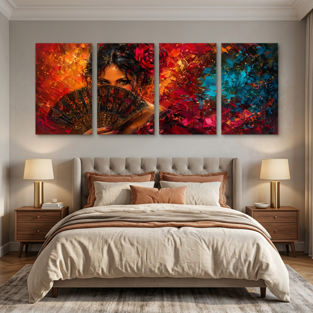 Four-panel woman with fan canvas wall art displayed above a bed - Portugal Canvas Co