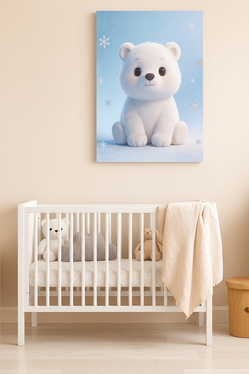 Cute polar bear nursery canvas wall art displayed above a white crib in a Scandinavian nursery - Portugal Canvas Co