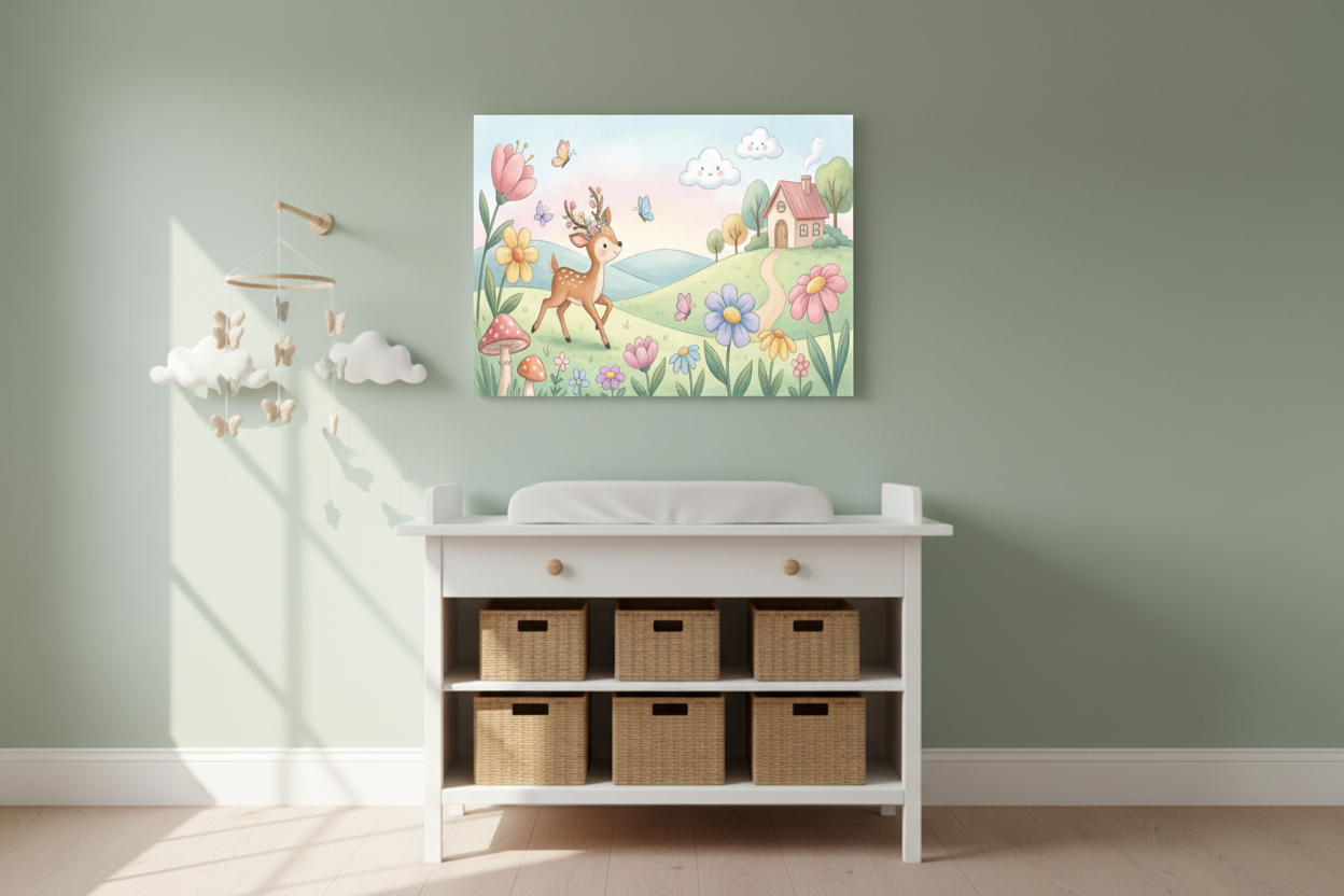 Whimsical deer with floral antlers woodland nursery canvas print on sage green nursery wall above white changing table - Portugal Canvas Co
