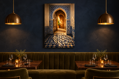 Moroccan archway with blue tile shadows canvas displayed in a charcoal and olive restaurant lounge - Portugal Canvas Co