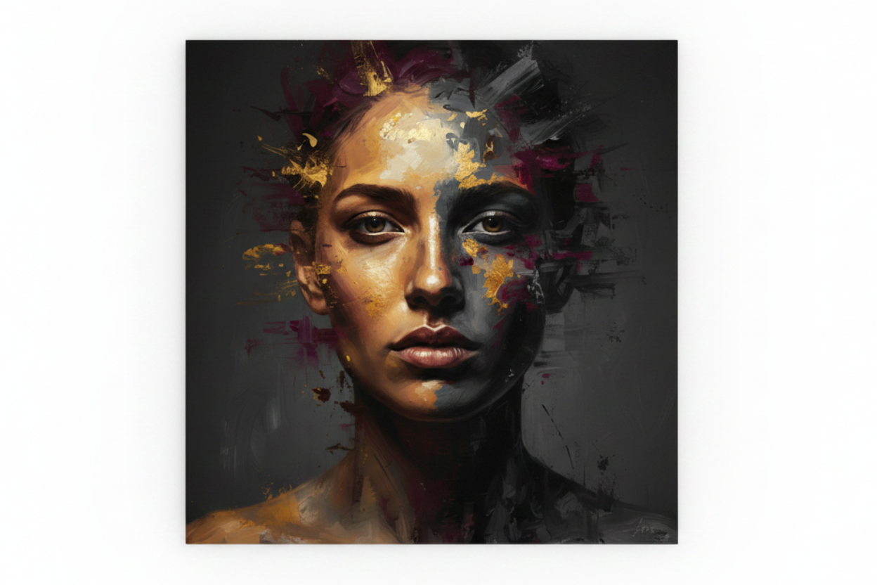 Golden expressionist dark portrait woman canvas wall art flat lay on white background top-down view - Portugal Canvas Co